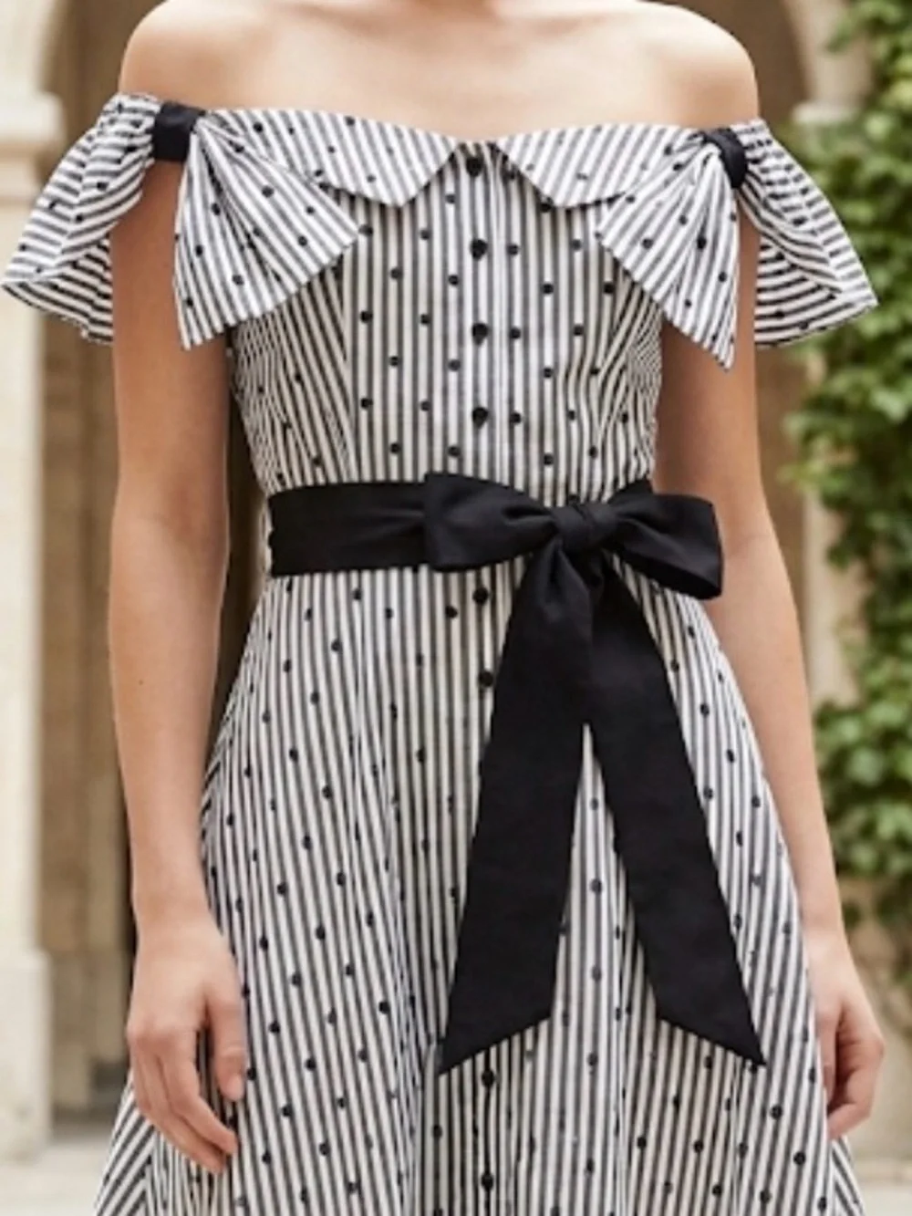 Anne Fontaine Polka Dot Striped Off-the-Shoulder Cotton Midi Dress Navy White 10